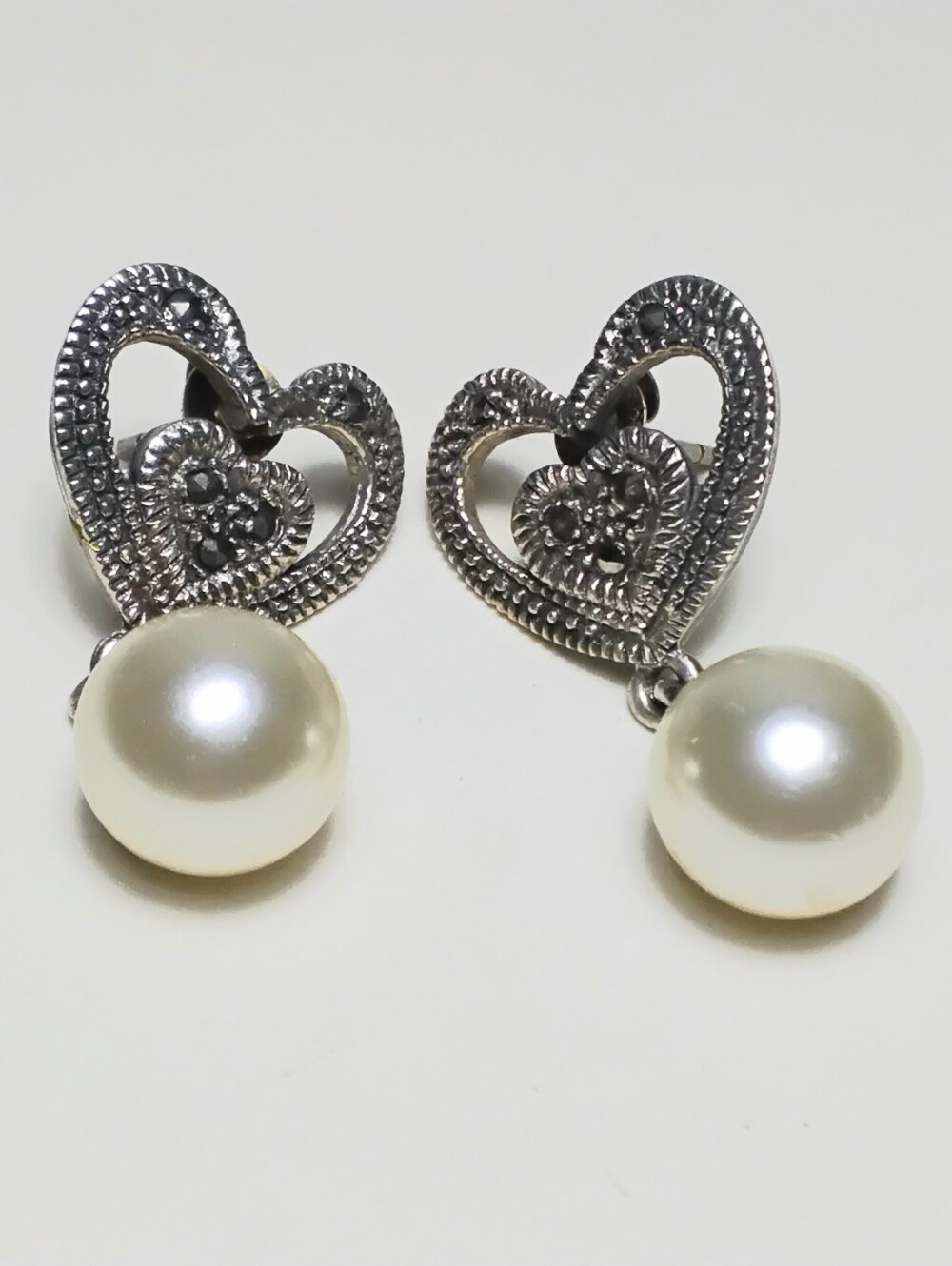 925 Silver Marcasite Pearl Drop Earrings